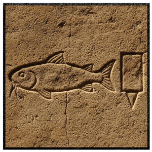 A deep stone-carved relief of the African Pharaoh Narmer's name glyphs—a catfish and a chisel—representing the ancient authority to build and destroy.