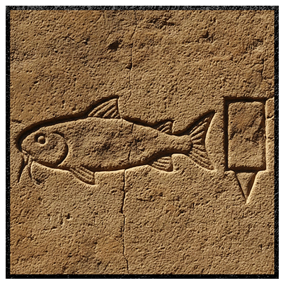 A recreated personalized deep stone-carved relief of the African Pharaoh Narmer's name glyphs—a catfish and a chisel—representing the signature ancient authority to build and destroy. (Image by Awe Video & Photo Studio)