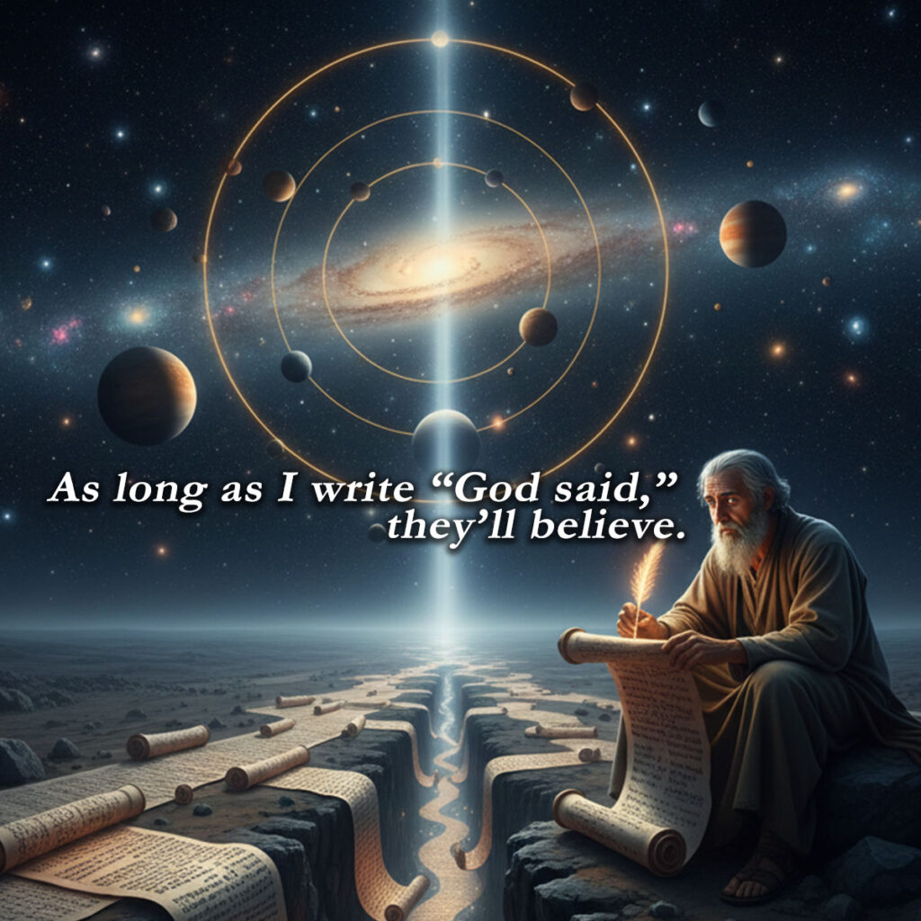 Quantum Truth vs Religion: Image of an old, bearded ancient scribe writing on a scroll with a quill.