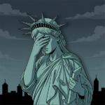 An artistic concept image of the Statue of Liberty monument with her head bowed in shame and her torchless right hand covering her eyes, set against a dark city silhouette. Featured lead image for The Antecedents Master Briefings: "The United States of America: A Nation Built On a Lie." (Image by Awe Video & Photo Studio)