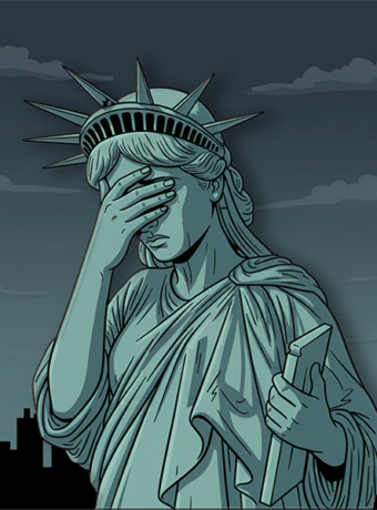 An artistic concept image of the Statue of Liberty monument with her head bowed in shame and her torchless right hand covering her eyes, set against a dark city silhouette. Featured lead image for The Antecedents Master Briefings: "The United States of America: A Nation Built On a Lie." (Image by Awe Video & Photo Studio)