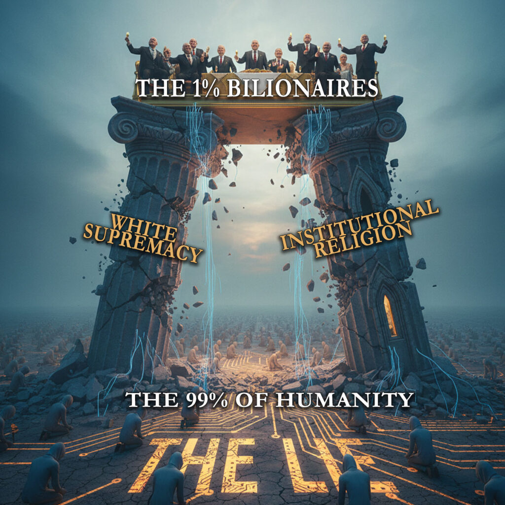 Infographic decoding how the 1% use the pillars of White Supremacy and Institutional Religion to jam the signal for the 99% of humanity. What if the Key to Heaven Is, Did You Believe the Lie? Decoding how the 1% use White Supremacy and Institutional Religion to jam the signal for the 99%.