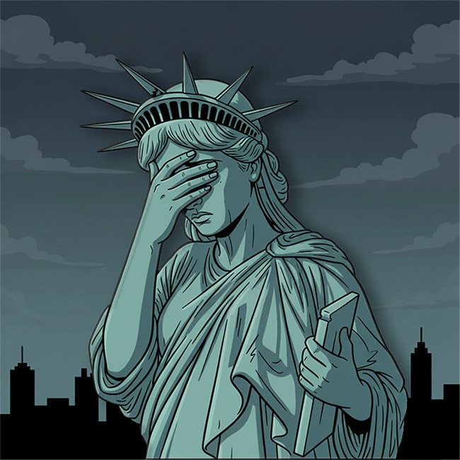An artistic concept image of the Statue of Liberty monument with her head bowed in shame and her torchless right hand covering her eyes, set against a dark city silhouette. Featured lead image for The Antecedents Master Briefings: "The United States of America: A Nation Built On a Lie." (Image by Awe Video & Photo Studio)