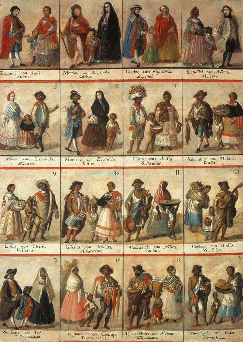 Spanish Casta paintings depict a series of 16 images that show social status based on a person's skin color.