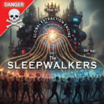 Dystopian illustration of a massive industrial extraction machine siphoning energy from a crowd of Americans distracted by screens and fighting, representing the Global Extraction Engine. (Image digitally composed by Awe Video & Photo Studio)