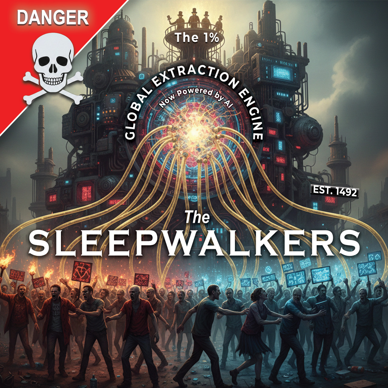 Dystopian illustration of a massive industrial extraction machine siphoning energy from a crowd of Americans distracted by screens and fighting, representing the Global Extraction Engine. (Image digitally composed by Awe Video & Photo Studio)