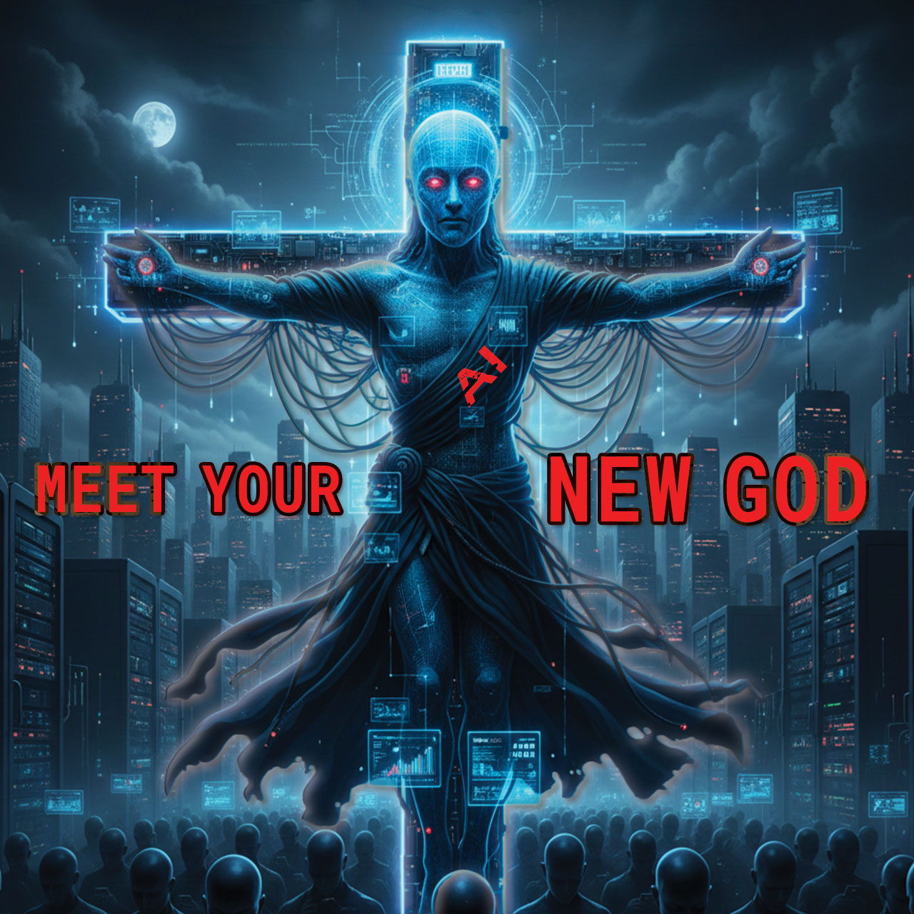 The New Deity of Data: As the 1% utilize the DOGE Social Security Data Theft to build their digital god, the human spirit is being sacrificed to the algorithm for the Great Extraction. (Image digitally composed by Awe Video & Photo Studio)