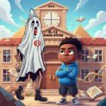 White Supremacy: The Greatest Lie: A young boy wearing an Ankh standing defiantly in front of a crumbling K-12 school and a fading symbol of white supremacy, with pyramids in the background.