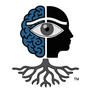 The Antecedents trademark logo atop a soft glowing circular disc featuring a stylized the Eye of Horus—the ancient African symbol of restoration, wholeness, and the discernment of the Majesty of creation—centered within a human head. The head is split between a detailed blue cerebral brain and a solid black silhouette, anchored by a deep root system. These roots symbolize the foundation of civilization, channeling lifeblood and electrical power from the heart—the master electrical behemoth and primary signal source—to the brain, which acts as the processor and receiver of universal consciousness.