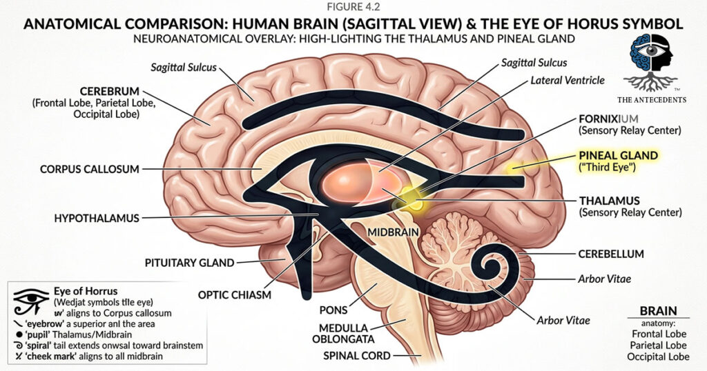 A technical neuroanatomical comparison diagram (Figure 4.2) showing a detailed sagittal view of the human brain with the ancient Egyptian Eye of Horus symbol superimposed as a precise schematic overlay. The central pupil of the eye perfectly highlights the Thalamus (defined as the Primary Data Router and Sensory Relay Center) and the Midbrain. Adjacent to this alignment, the Pineal Gland (highlighted and labeled as "Third Eye," the Signal Converter) glows in warm orange. The overlay precisely maps other key hardware components: the Eye's eyebrow aligns with the Corpus Callosum (the Balance Bridge); the "teardrop" markings align with the Midbrain and Fornixium (Sensory Relay Center); and the "spiral" tail extends towards the brainstem. Other relevant structures, including the Hypothalamus, Pituitary Gland, Cerebellum, and Pons, are clearly labeled. In the upper-right corner is a separate close-up diagram of the Eye of Horus highlighting the specific alignment points of the Thalamus and Pineal Gland within the schematic. The entire illustration is set against a clean, technical black background with professional, sterile sans-serif labels, defining this overlay as a schematic of the Human Transceiver Harmonic Matrix and the biological "Inside Eye."