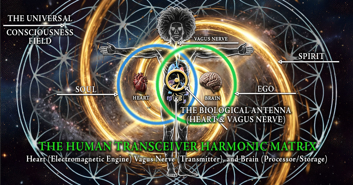 Consciousness Mastery: A technical diagram of the Human Transceiver Harmonic Matrix illustrating the flow of Universal Consciousness through the Spirit, Soul, and Ego, including the Heart Engine and Vagus Nerve antenna.