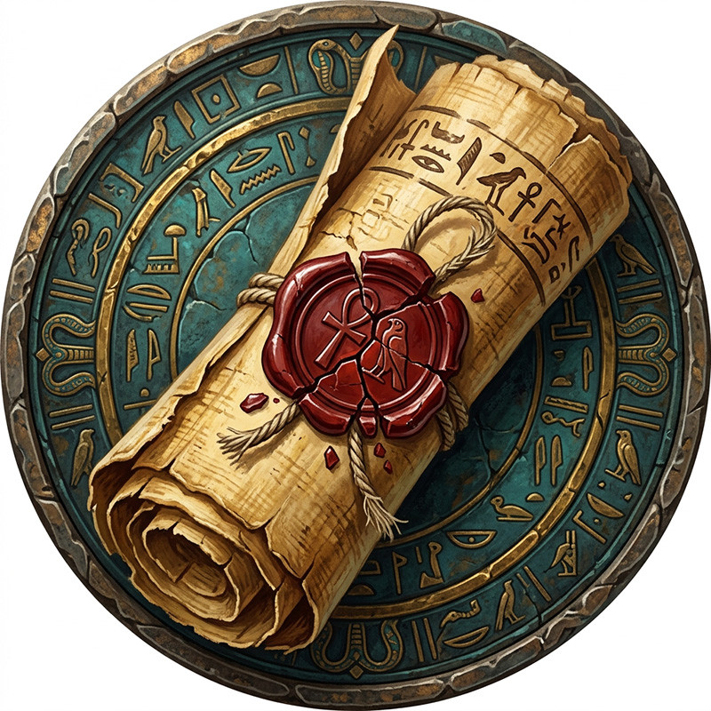 A stylized, high-fidelity circular medallion icon designed for The Antecedents Glossary of Suppressed History page. The icon features a carefully rendered, ancient Egyptian Papyrus Scroll as its central element. The scroll is partially unrolled, revealing legible rows of gold and dark brown ancient Hieroglyphs, signifying esoteric, newly unsealed knowledge. Securing the scroll is a frayed, dark rope tied with a prominent, Broken Wax Seal. The seal, which glows a rich, deep red, features two prominent suppressed symbols: a vertical Ankh cross (representing Universal Life and consciousness) on the left, and the right-facing head of Horus (The Great Observer, linked to the Pineal Gland and Thalamus) on the right. Small red wax pieces are scattered around the fractured seal, emphasizing that the barrier to this suppressed knowledge has been breached. The scroll sits atop a meticulously detailed, weathered turquoise and gold circular base. This base is adorned with concentric rings of alternative hieroglyphs and esoteric symbols, including Uraeus cobras and and other sacred birds (like the Ibis), representing a complete and ancient body of knowledge (a Harmonic Matrix). The entire piece has a powerful, ancient forensic artifact aesthetic with a clean, vector-style design suitable for a page navigation icon.