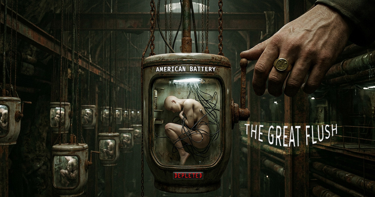A conceptual digital illustration depicting the silhouette of a human head filled with glowing battery cells that are visibly draining. In the background, a downward-trending line graph representing American literacy rates intersects with a rising gold line representing the $55 trillion wealth of the 1%. The overall aesthetic is dark, clinical, and forensic.