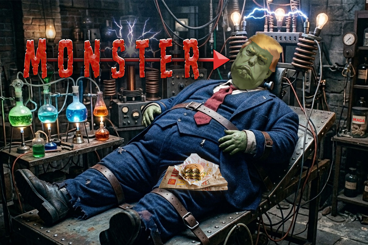 MAGA savior vs monster: Political art of Trump as a Frankenstein monster, titled MAGA: They Prayed for a Savior and Received a Monster.