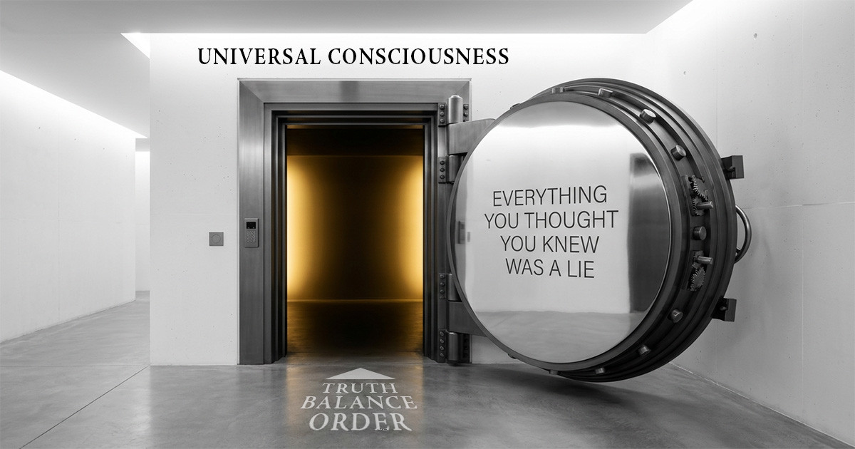 A massive open titanium vault door revealing a golden light with the text 'Everything you thought you know was a lie' on the interior, representing the Master Reset and Instruction Part 1 of the Consciousness Mastery Series.