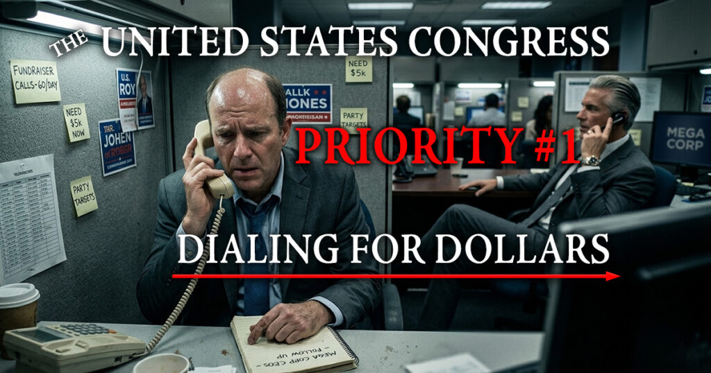 A photo-realistic image depicting a somber congressman in a suit, sitting in a drab, cramped office cubicle while speaking on an office telephone. The background walls are covered in sticky notes with messages such as "FUNDRAISER CALLS - 60/DAY," "NEED $5k NOW," and "PARTY TARGETS." A notepad in the foreground reads "FOLLOW UP - MEGA CORP CEOS." The text overlays read: "THE UNITED STATES CONGRESS," "PRIORITY #1," and "DIALING FOR DOLLARS." In the background, another individual is seen similarly working at a desk, reinforcing the atmosphere of a high-pressure fundraising center.