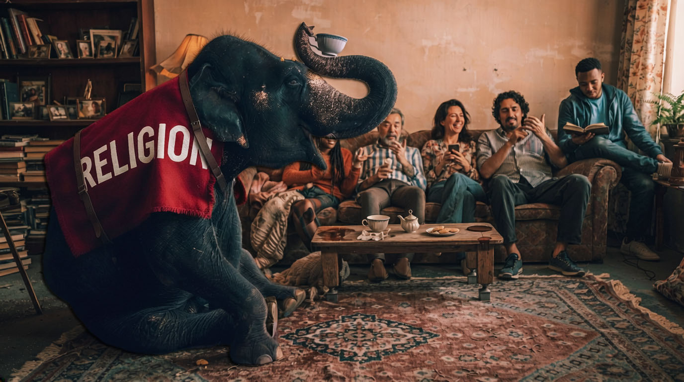 A large elephant wearing a red blanket with the word "RELIGION" printed in bold white letters sits in a living room. A diverse group of people sits on a couch behind it, laughing and distracted by their phones and books, completely ignoring the elephant’s presence. The room is cluttered with books and antique furniture, symbolizing the weight of institutional dogma.