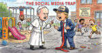 "Cartoon illustration titled 'THE SOCIAL MEDIA TRAP' depicting Donald Trump and the Pope arguing in a school playground. Both figures are shouting and pointing fingers like children. The playground is messy with scattered trash, and other children are playing in the background. A sign on the brick wall ironically reads: 'PLAYGROUND RULES: NO NOISE. (YEAH RIGHT).'"