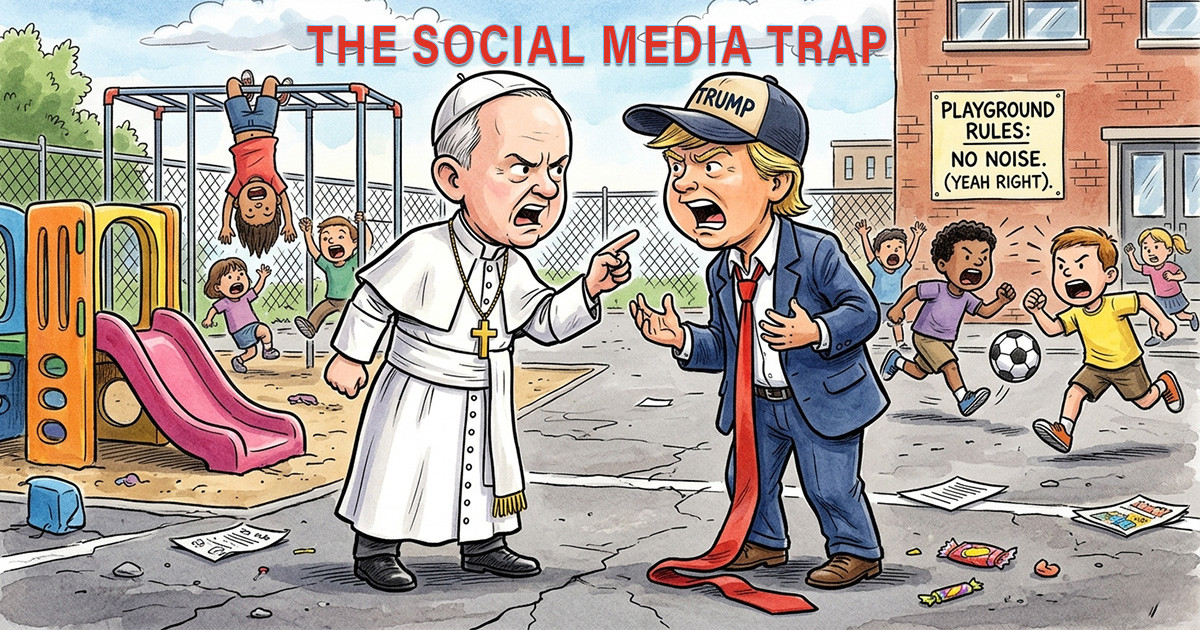 "Cartoon illustration titled 'THE SOCIAL MEDIA TRAP' depicting Donald Trump and the Pope arguing in a school playground. Both figures are shouting and pointing fingers like children. The playground is messy with scattered trash, and other children are playing in the background. A sign on the brick wall ironically reads: 'PLAYGROUND RULES: NO NOISE. (YEAH RIGHT).'"