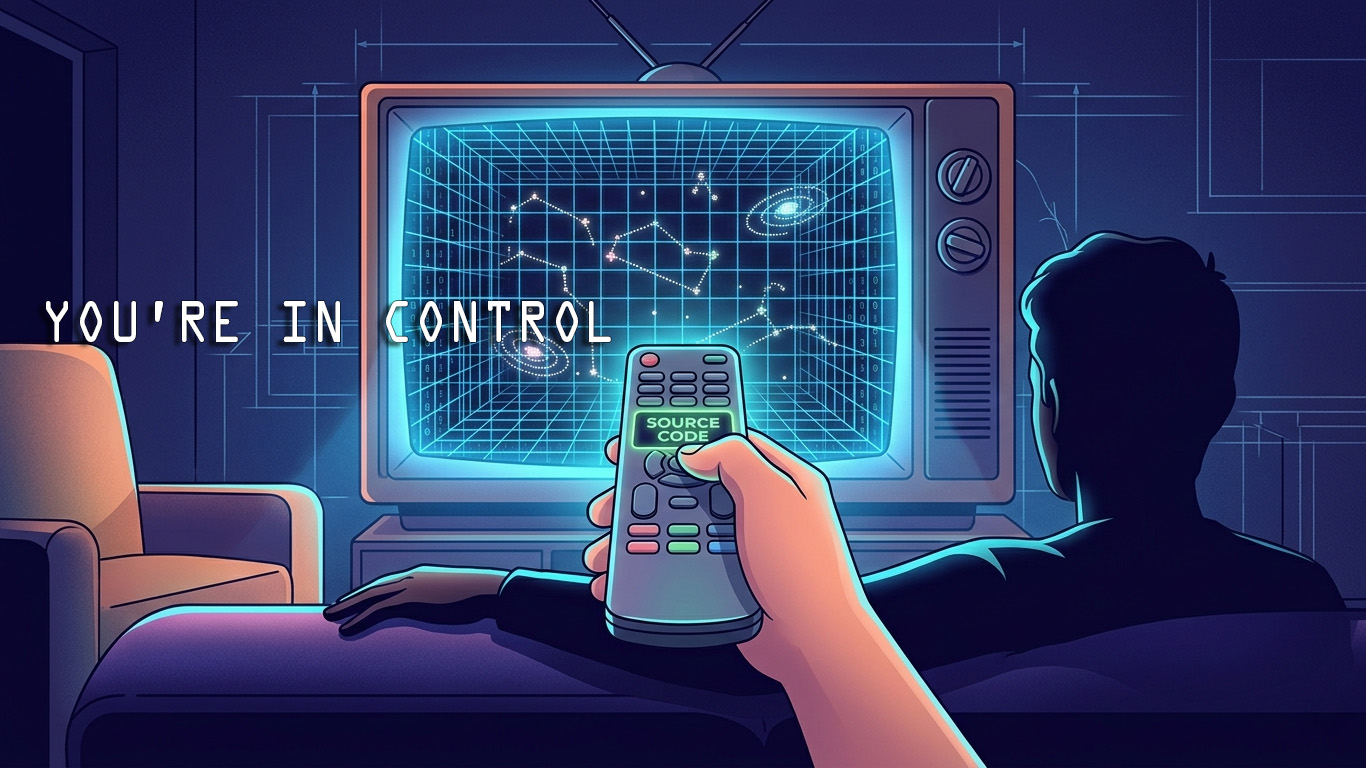 Consciousness Mastery series: An atmospheric digital illustration of a man viewed from behind, sitting on a couch and pointing a remote at a vintage television. The TV screen displays a glowing 3D digital grid containing celestial constellations and galaxies. The remote features a prominent green button labeled "SOURCE CODE," and the text "YOU'RE IN CONTROL" appears floating to the left.