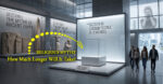 A high-contrast archival image of a futuristic museum. Sections I and II feature relics from ancient Egypt, Greece, and Rome. Section III is a bright, empty glass display case labeled "Chosen People (c. 2,500 BCE)." A large yellow dashed arrow points to the empty case with the text "RELIGIOUS MYTHS: How Much Longer Will It Take?" A group of people walks past the exhibit toward a modern, data-driven city visible through the windows.