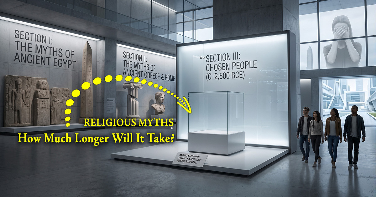 A high-contrast archival image of a futuristic museum. Sections I and II feature relics from ancient Egypt, Greece, and Rome. Section III is a bright, empty glass display case labeled "Chosen People (c. 2,500 BCE)." A large yellow dashed arrow points to the empty case with the text "RELIGIOUS MYTHS: How Much Longer Will It Take?" A group of people walks past the exhibit toward a modern, data-driven city visible through the windows.