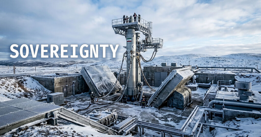 A high-angle, wide shot of a large, metallic missile positioned vertically within an open concrete silo in a snowy, mountainous landscape. Several personnel in winter gear are visible on a platform near the top of the missile and on the ground below, appearing to conduct an inspection. The word "SOVEREIGNTY" is overlaid in bold, white capital letters on the left side of the frame against the cold, blue-tinted environment.