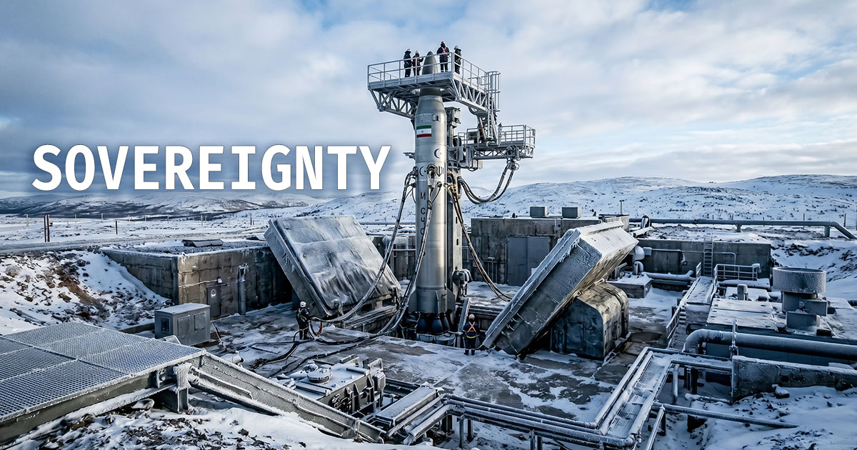A high-angle, wide shot of a large, metallic missile positioned vertically within an open concrete silo in a snowy, mountainous landscape. Several personnel in winter gear are visible on a platform near the top of the missile and on the ground below, appearing to conduct an inspection. The word "SOVEREIGNTY" is overlaid in bold, white capital letters on the left side of the frame against the cold, blue-tinted environment.
