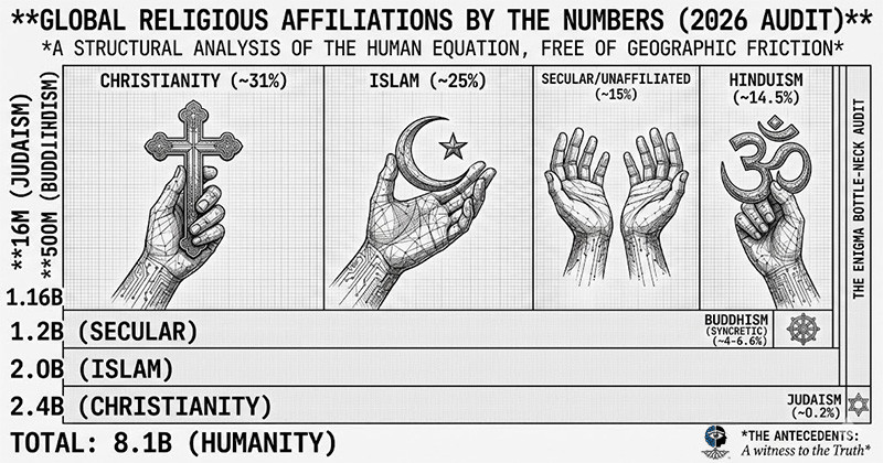 A graphic info image illustrating global religious affiliations by number of practitioners and percent of the global population.