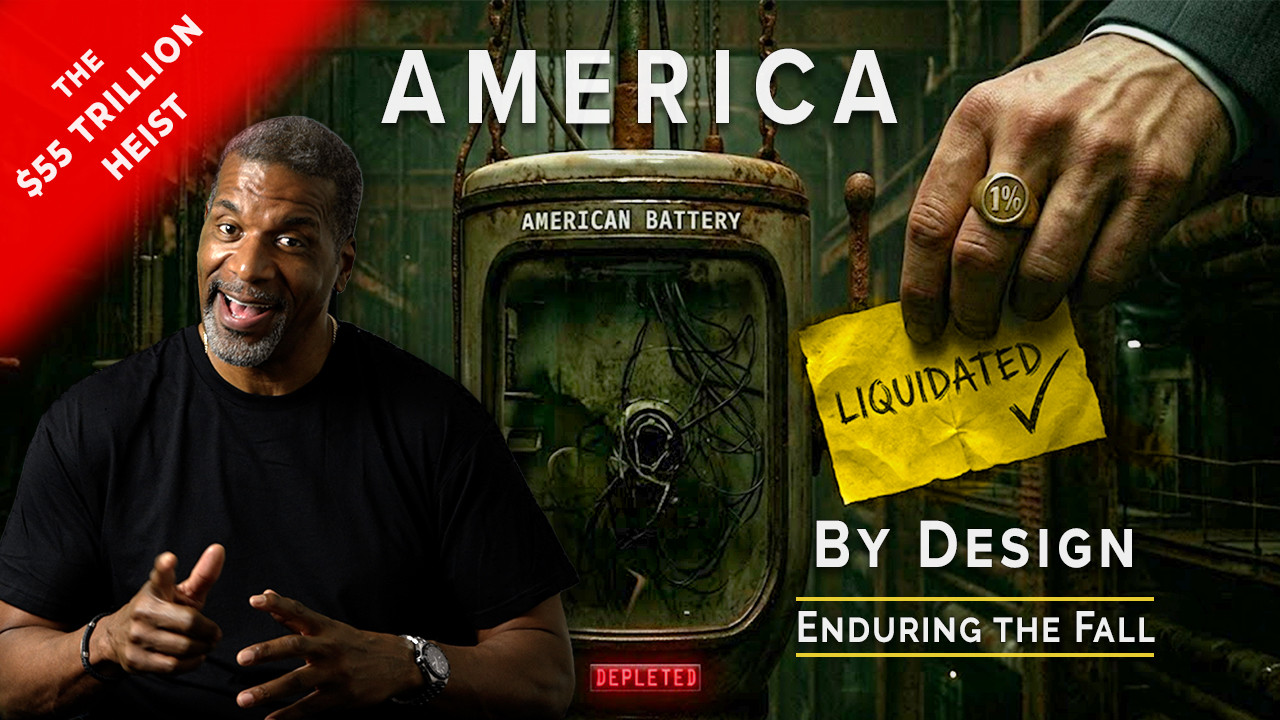 America Liquidated 55T A cinematic, dark documentary title card featuring host Nkosi Narmer on the left, pointing confidently forward, with “$55 TRILLION HEIST” in bold white text on a red background in the corner above his head. In the center is a rusted, metallic chamber labeled "AMERICAN BATTERY" with a glowing red digital indicator at the bottom that reads "DEPLETED." On the right, a large hand wearing a gold signet ring engraved with a "1%" symbol holds up a yellow, crumpled sticky note with a check mark reading "LIQUIDATED." The bold white text at the top reads "AMERICA," and the bottom right text reads "BY DESIGN: ENDURING THE FALL."