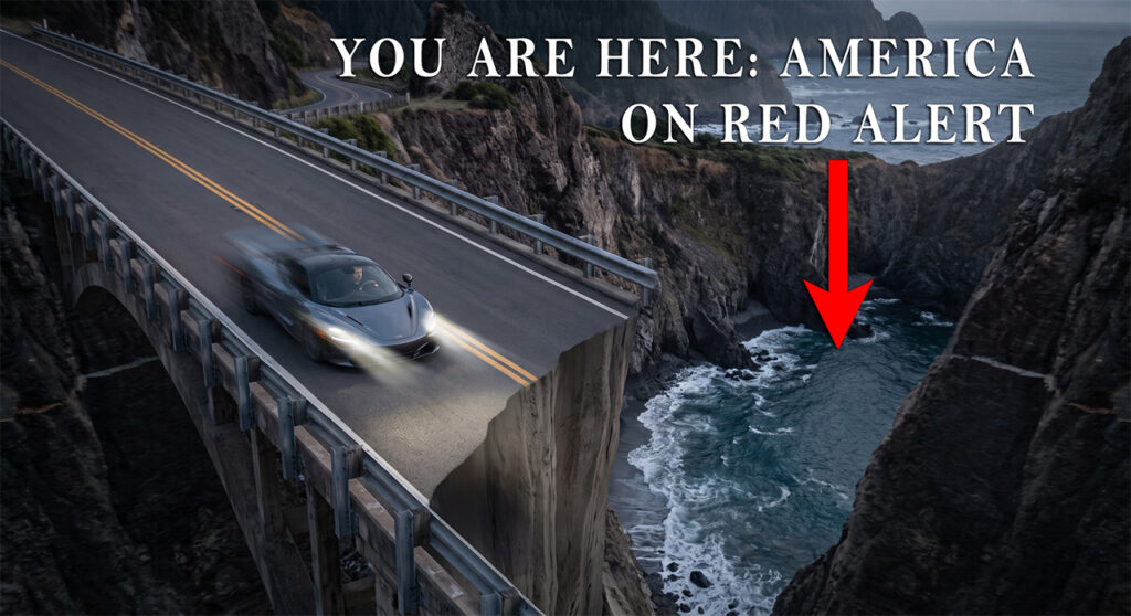 An image of a speeding sports car on a winding mountain road about to drive off a steep cliff created by a hole in the road. White text overlay states YOU ARE HERE: AMERICA ON RED ALERT with a red arrow pointing to the hole in the road.