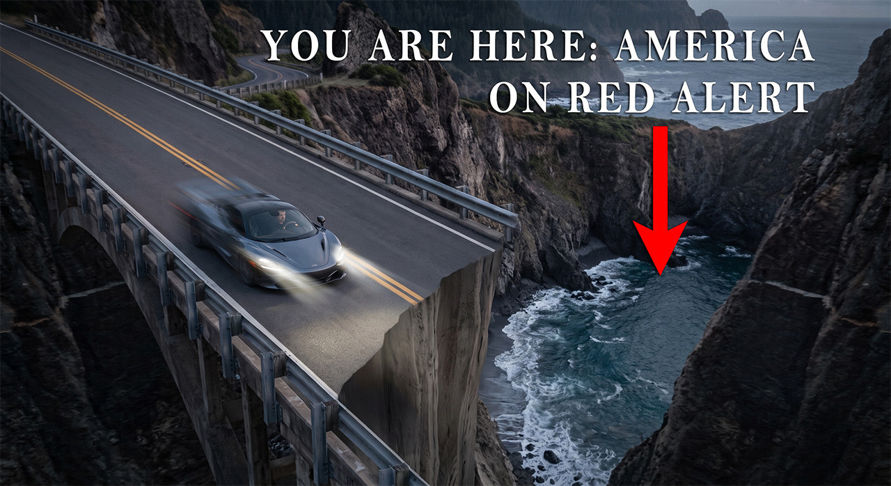 You are Here America image of car driving into cliff hole on a winding mountain road An image of a speeding sports car on a winding mountain road about to drive off a steep cliff created by a hole in the road. White text states YOU ARE HERE: AMERICA ON RED ALERT with a red arrow pointing to the hole in the road.
