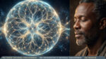 A split-screen digital composite image. On the left, a vibrant, glowing three-dimensional sphere represents universal consciousness, filled with intricate, biological, root-like networks of light. Numerous glowing nodes across the sphere's surface are labeled with diverse international human names and flags, representing individual lifeform vessels collecting data on a cosmic grid. On the right, a close-up portrait shows a Black man with graying hair in a calm, meditative pose with his eyes closed, honoring the sphere.